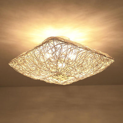 Modern Rattan Weaving Nest Square Shape 3-Light Flush Mount Ceiling Light