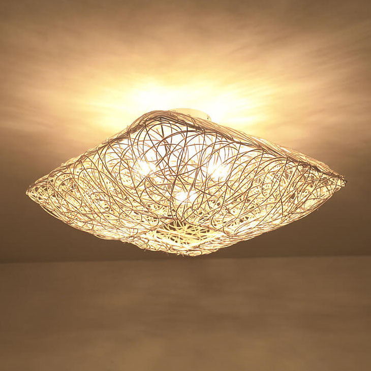 Modern Rattan Weaving Nest Square Shape 3-Light Flush Mount Ceiling Light