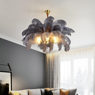 Modern Ostrich Feather 6-Light Brass Chandeliers