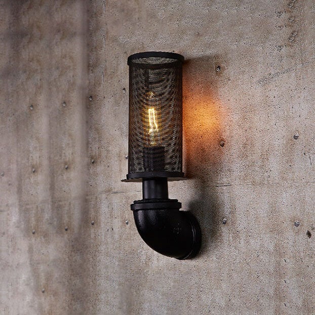 Industrial Vintage Cylinder Pipe Metal Mesh 1-Light Wall Sconce Lamp