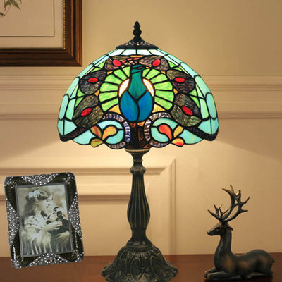 European Tiffany Green Peacock Stained Glass 1-Light Table Lamp