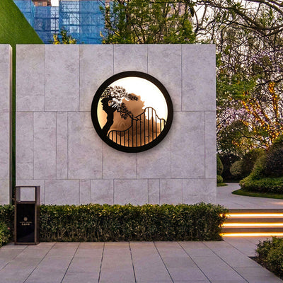 Moderne chinesische Landschaft Kiefer Zen Runde LED Wandleuchte im Freien