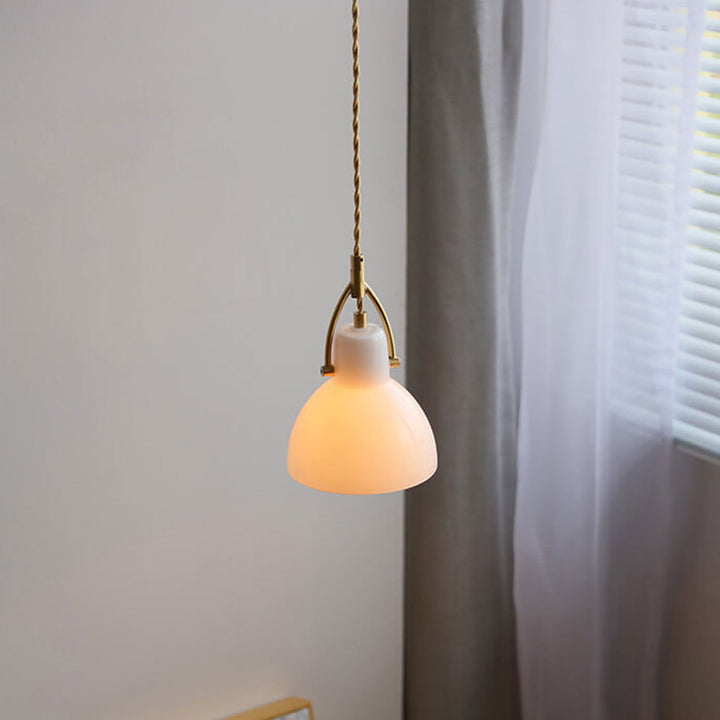 Vintage Milchweißes Glas Kuppel 1-Licht Mini Messing Pendelleuchte 