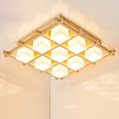 Japanese Minimalist Wooden Square Cube Shade 4/6/9 Light Flush Mount Ceiling Light