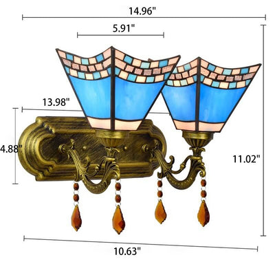 European Creative Tiffany Blue Glass Crystal 2-Light Wall Sconce Lamp