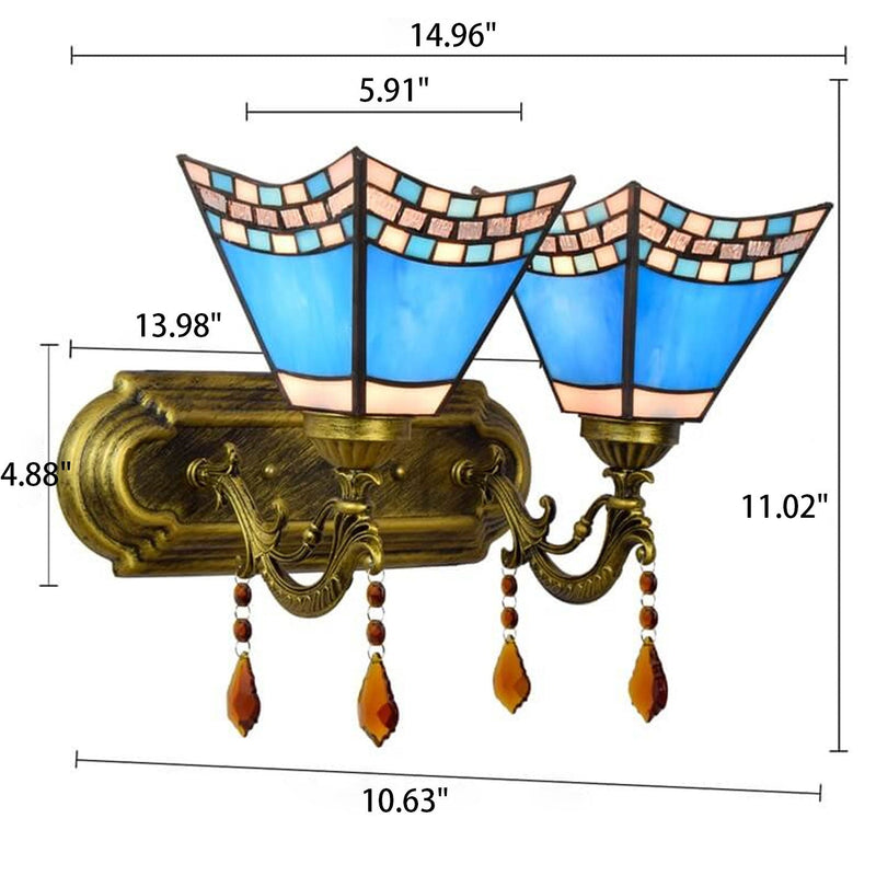 European Creative Tiffany Blue Glass Crystal 2-Light Wall Sconce Lamp