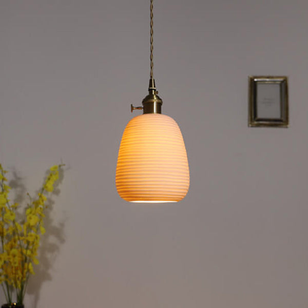 Nordische Japanische Keramik Messing Oval 1-Licht Pendelleuchte 