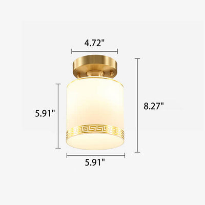 Modern Chinese Full Brass Glass Cylindrical 1-Light Semi-Flush Mount Ceiling Light