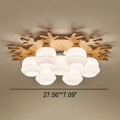 Nordic Solid Wood Antler Frosted Glass Round Shade 3/5/7 Light Flush Mount Ceiling Light