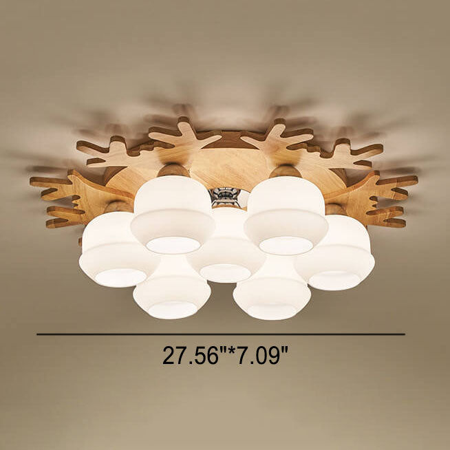 Nordic Solid Wood Antler Frosted Glass Round Shade 3/5/7 Light Flush Mount Ceiling Light