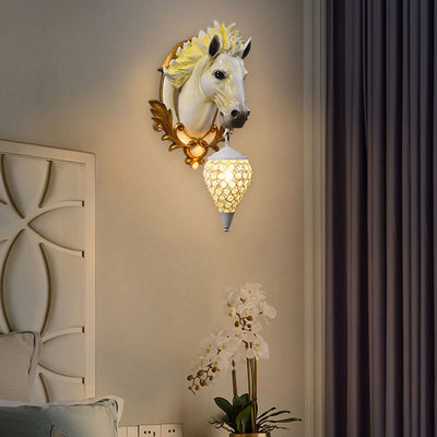 European Vintage Resin Horse Head Lantern 1-Light Wall Sconce Lamp