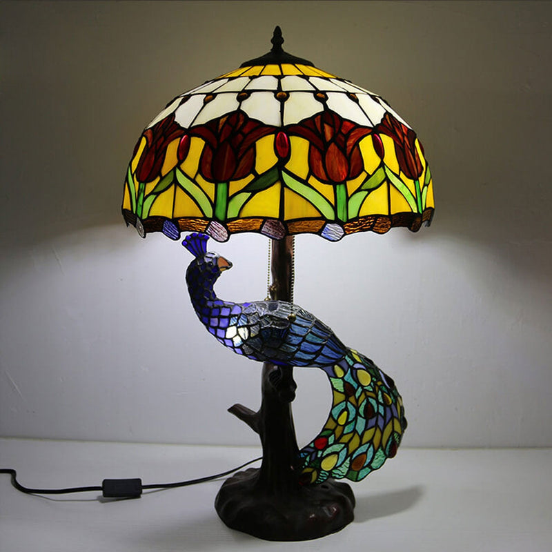 Tiffany Classical Flower Stained Glass Peacock Base 3-Light Table Lamp