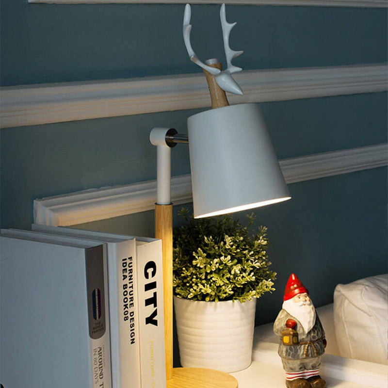Lampe de table 1 lumière en bois et fer au design créatif nordique avec motif de renne 