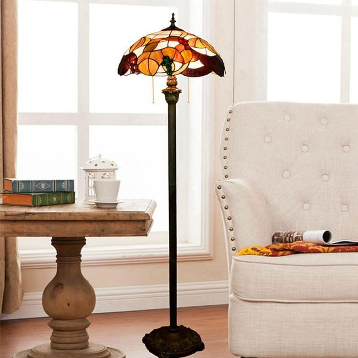 Lampe de sol vintage créative à vitrail avec motif de raisin à 2 lumières 