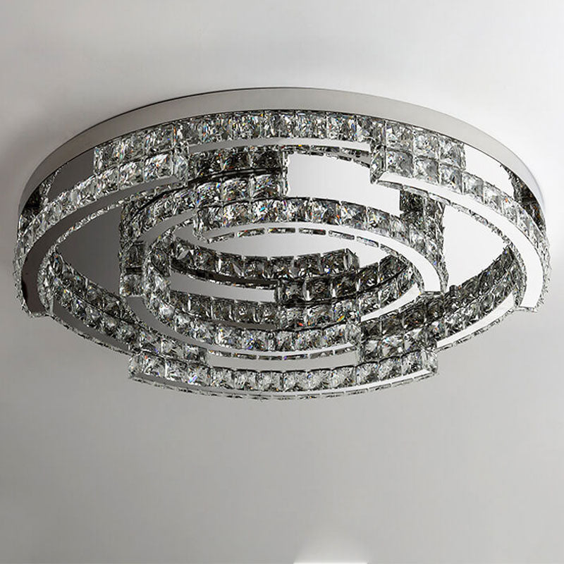 Round Simple Stainless Steel Crystal Multilayer Design LED Flush Mount Light