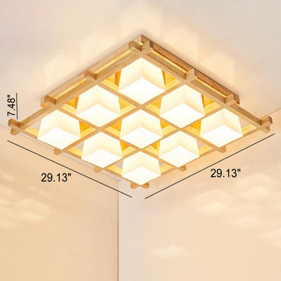 Japanese Minimalist Wooden Square Cube Shade 4/6/9 Light Flush Mount Ceiling Light