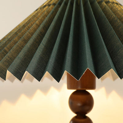 Vintage Dark Green Pleated Solid Wood Base 1-Light Table Lamp