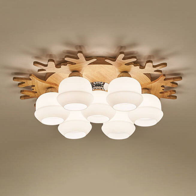 Nordic Solid Wood Antler Frosted Glass Round Shade 3/5/7 Light Flush Mount Ceiling Light