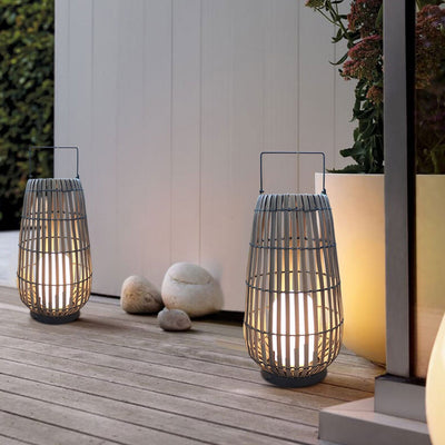 Modern Rattan Weaving Oval Cage Outdoor Patio Waterproof Floor Lamp