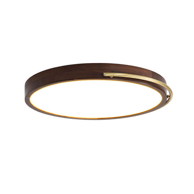 Modern Chinese Walnut Round Copper Ring LED Flush Mount Ceiling Light