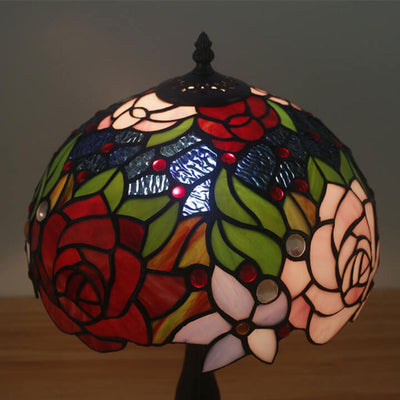 European Vintage Rose Stained Glass 1-Light Table Lamp