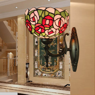 Tiffany Pink Rose Stained Glass Bowl 1-Light Wall Sconce Lamp