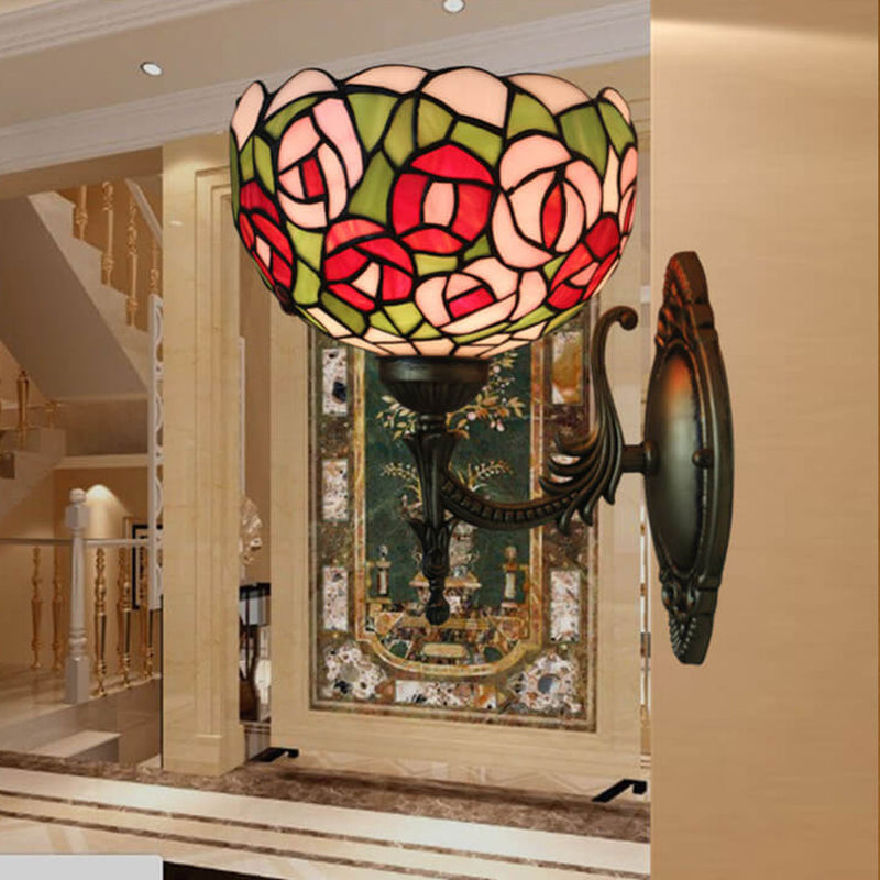 Tiffany Pink Rose Stained Glass Bowl 1-Light Wall Sconce Lamp