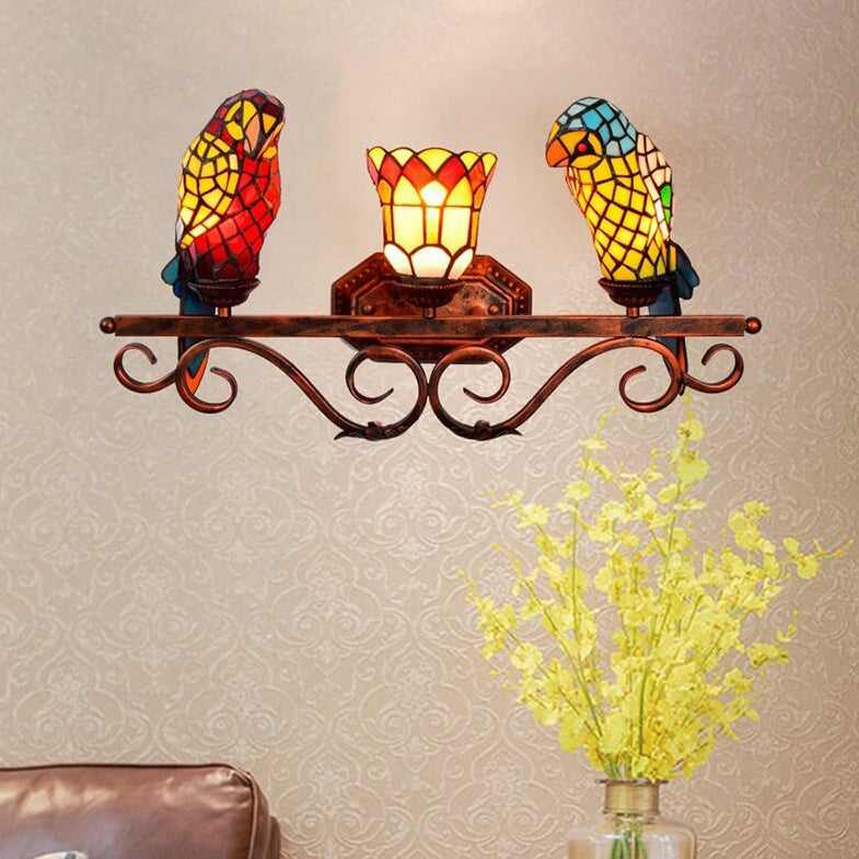 Traditional Tiffany European Retro Parrot Decorative 3-Light Wall Sconce Lamp