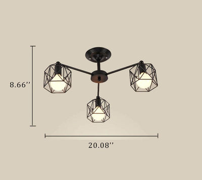 Kronleuchter mit geometrischem Lampenschirm und 3 Lichtern aus Schmiedeeisen 