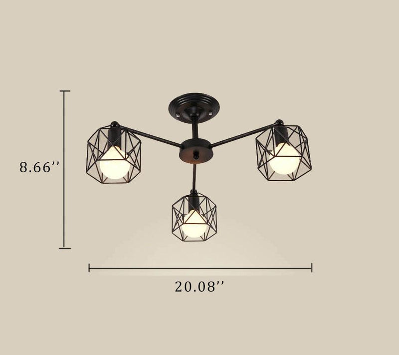 Kronleuchter mit geometrischem Lampenschirm und 3 Lichtern aus Schmiedeeisen 