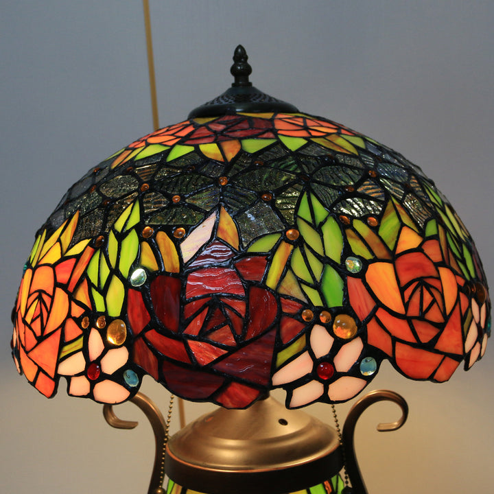 Traditional Tiffany Floral Stained Glass Iron Resin Round Pot 3-Light Table Lamp For Bedroom