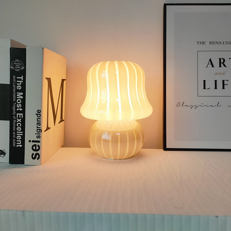 French Cream Handmade Glass Mushroom 1-Light Table Lamp