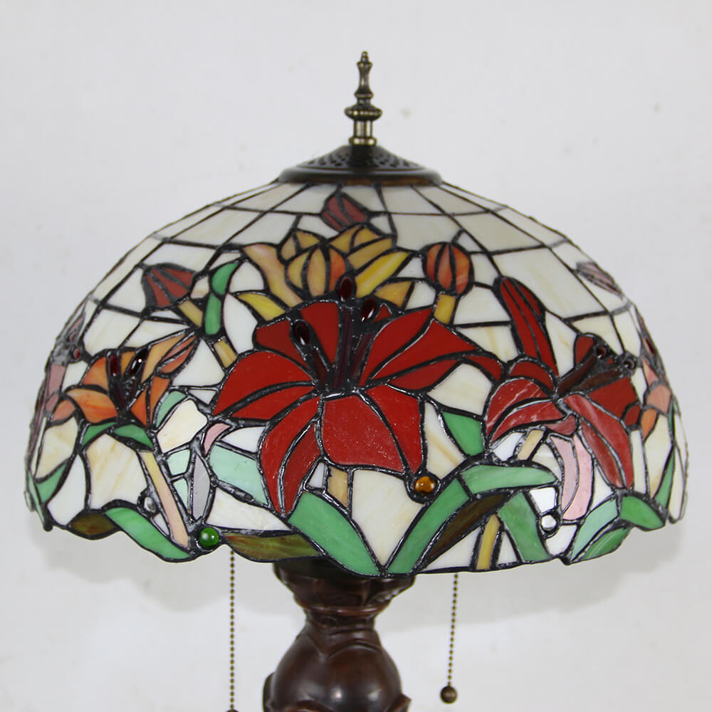 Lampe de table Tiffany avec fleur rétro européenne en verre teinté à 1 lumière avec cordon de tirage 