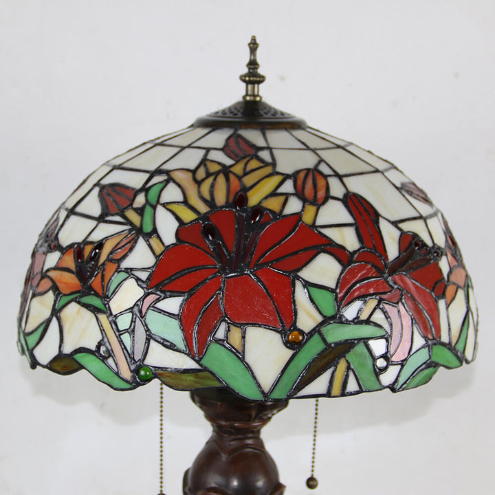 Lampe de table Tiffany avec fleur rétro européenne en verre teinté à 1 lumière avec cordon de tirage 