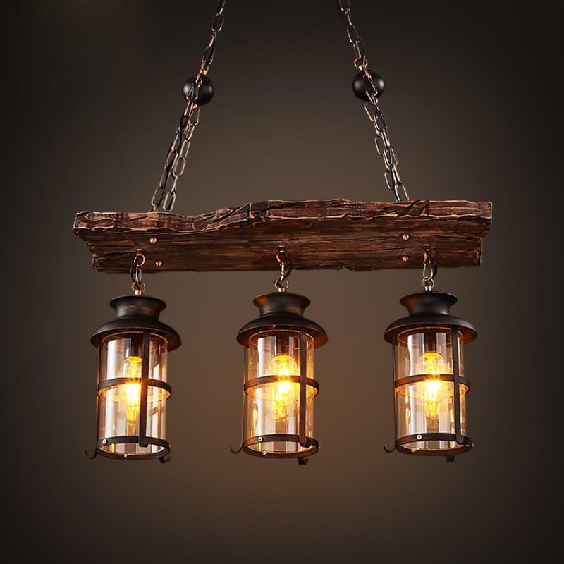 Industrielle Holz 3-Licht Metallkäfig-Laternen-Kronleuchter 