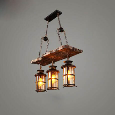 Industrial Wood 3-Light Metal Cage Lantern Chandeliers