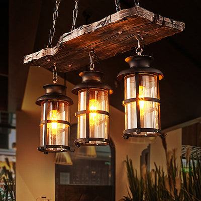 Lustre à 3 lumières en fer avec bande boisée de style ferme traditionnelle pour salle à manger 