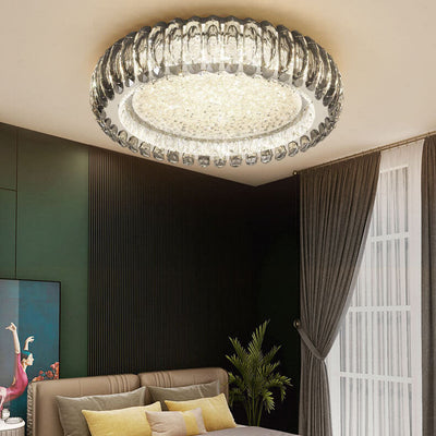 European Light Luxury Round Crystal Stainless Steel LED Flush Mount Lighting