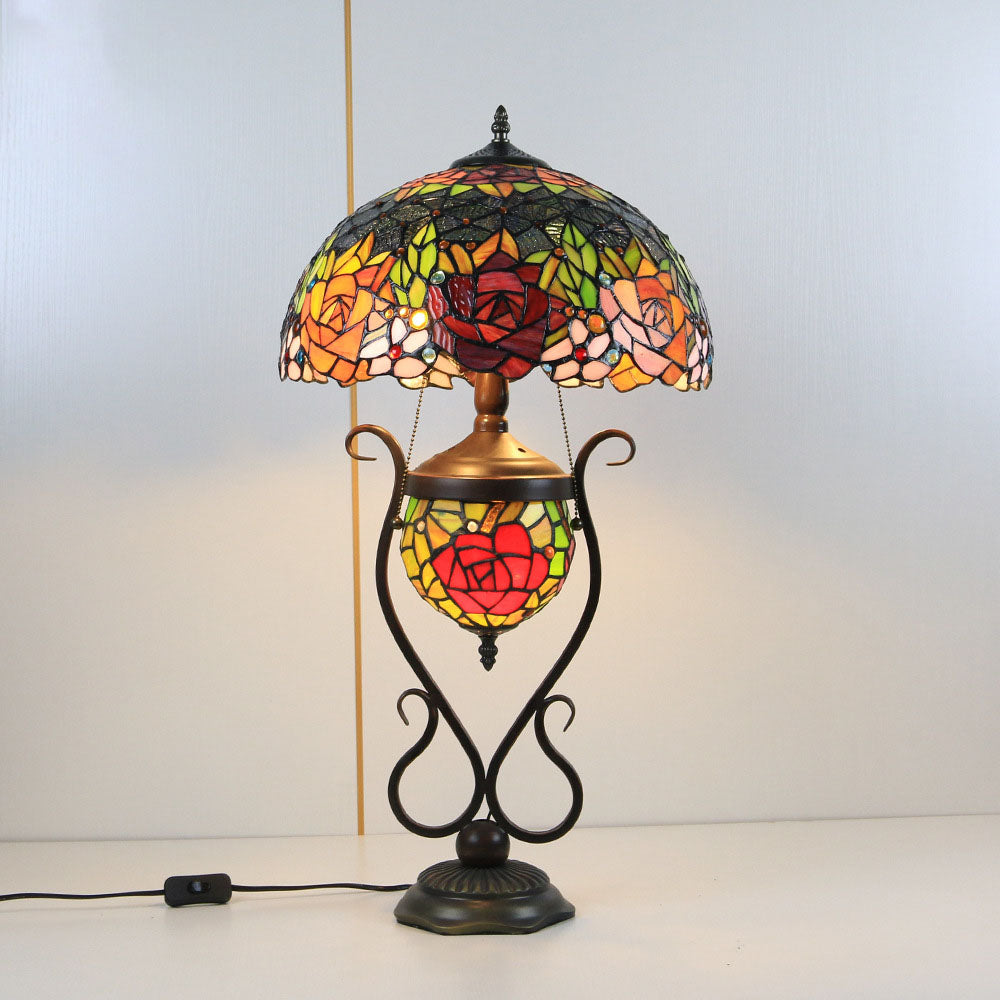 Traditional Tiffany Floral Stained Glass Iron Resin Round Pot 3-Light Table Lamp For Bedroom