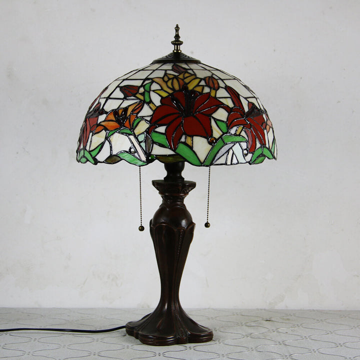 Lampe de table Tiffany avec fleur rétro européenne en verre teinté à 1 lumière avec cordon de tirage 