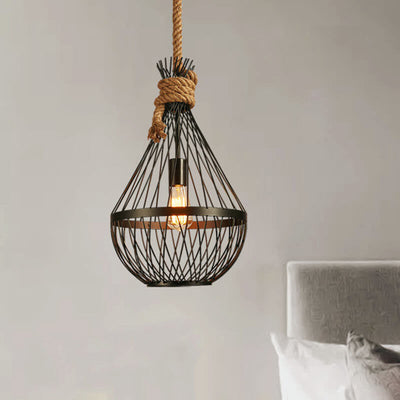 Industrial Teardrop Shaped 1-Light Iron Cage Hemp Rope Pendant Light