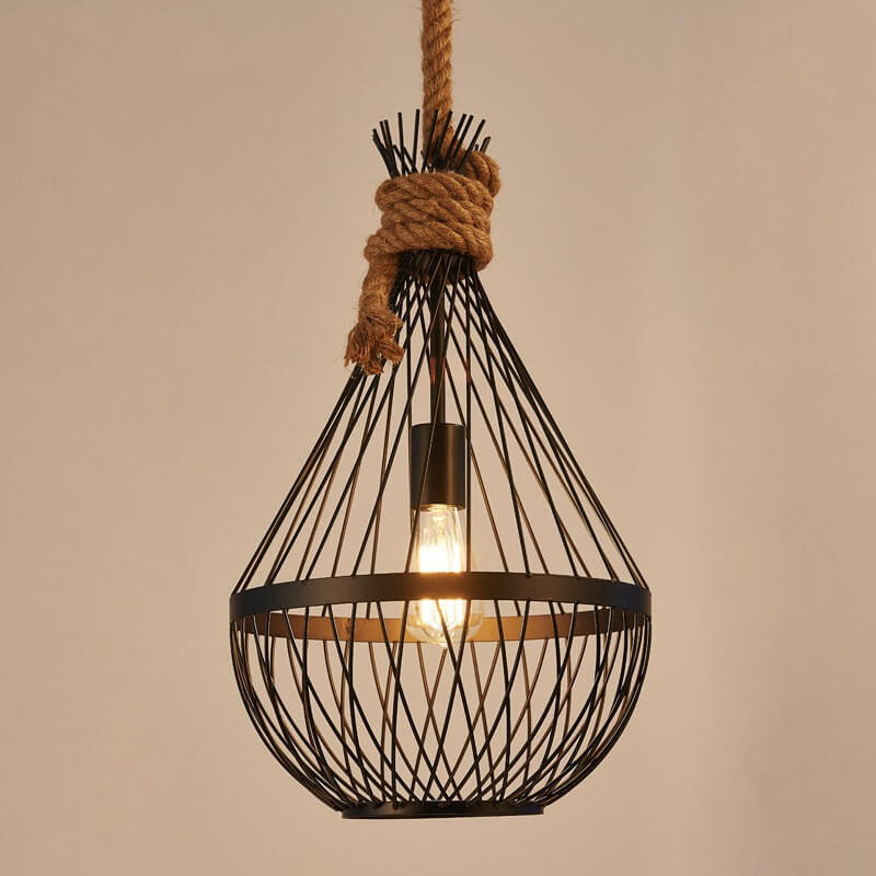 Industrial Teardrop Shaped 1-Light Iron Cage Hemp Rope Pendant Light