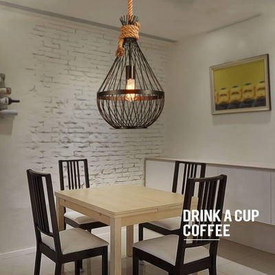 Industrial Teardrop Shaped 1-Light Iron Cage Hemp Rope Pendant Light