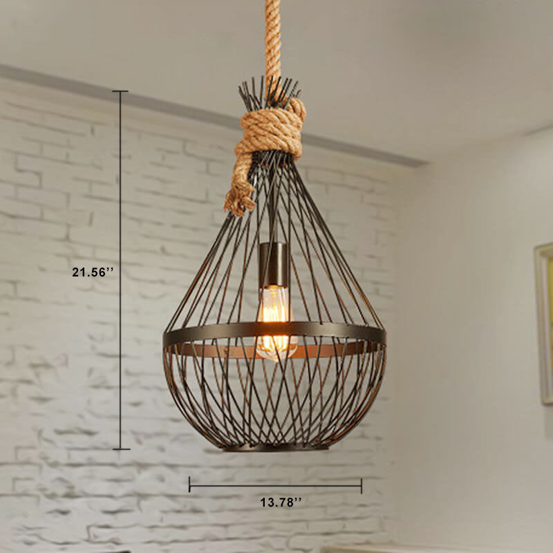 Industrial Teardrop Shaped 1-Light Iron Cage Hemp Rope Pendant Light