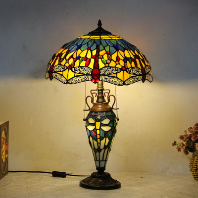 Lampe de table européenne à 2 lumières en forme de dôme hexagonal en vitrail Tiffany 