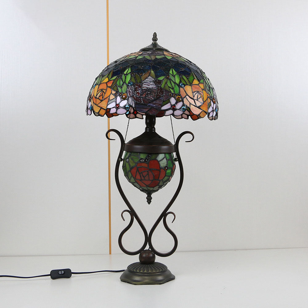Traditional Tiffany Floral Stained Glass Iron Resin Round Pot 3-Light Table Lamp For Bedroom