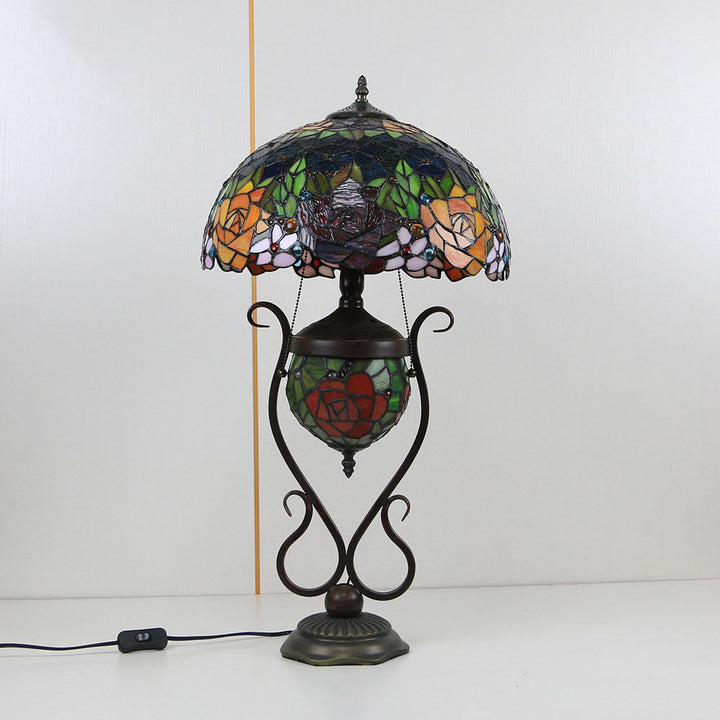 Traditional Tiffany Floral Stained Glass Iron Resin Round Pot 3-Light Table Lamp For Bedroom