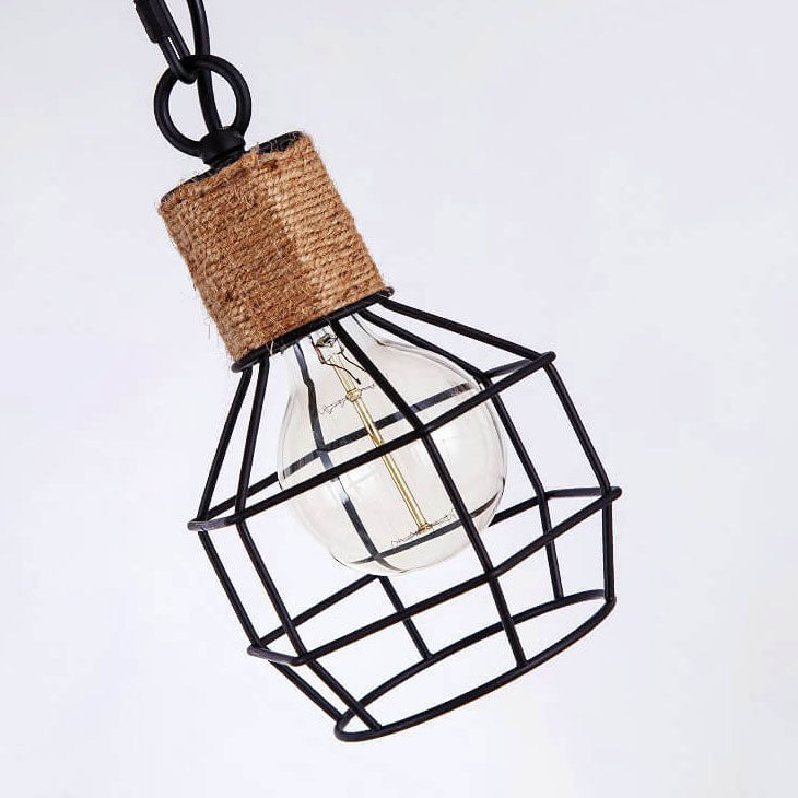 Vintage Hanfseil 3-Licht Cage Shade Kronleuchter 