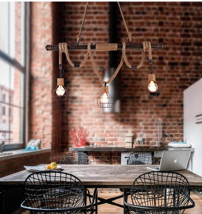 Vintage Hemp Rope 3-Light Cage Shade Chandeliers