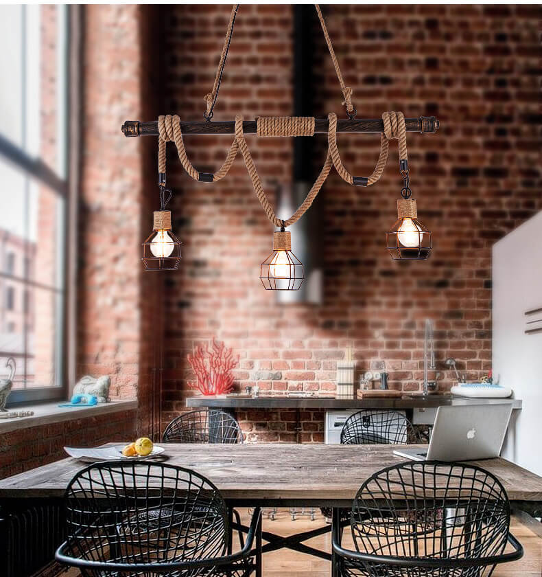 Vintage Hemp Rope 3-Light Cage Shade Chandeliers